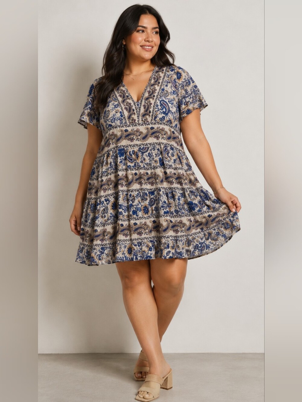 Bila Blue and Cream Paisley V-Neck Mini Dress